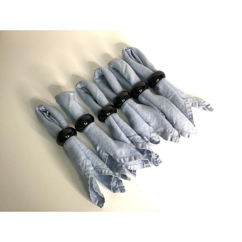 Vtg‎ Light Blue Hemstitch Linen Napkins with Glossy Black Resin Napkin Rings (6)